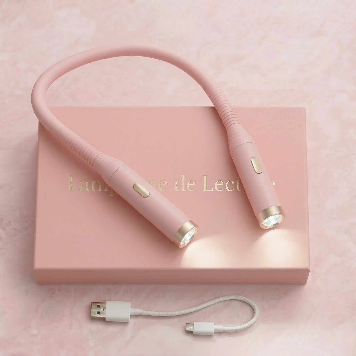 Lampe de lecture tour de cou flexible rose avec câble USB