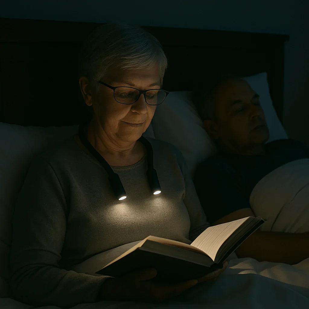 Personne lisant au lit avec une lampe de lecture tour de cou