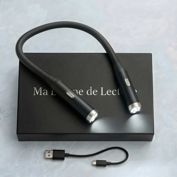 Lampe Tour de Cou sur une boîte, avec un câble de chargement USB, idéale pour la lecture sans fatigue oculaire.