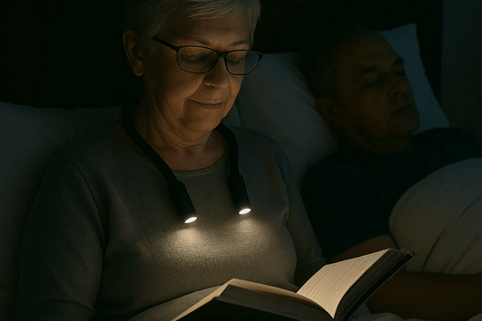 Comment lire sans déranger son partenaire ? Une femme lit avec une lampe à clip au lit pendant que son partenaire dort.