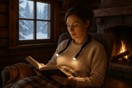 Femme lisant un livre confortablement pendant l'hiver, avec une lumière pour lire dans un chalet.
